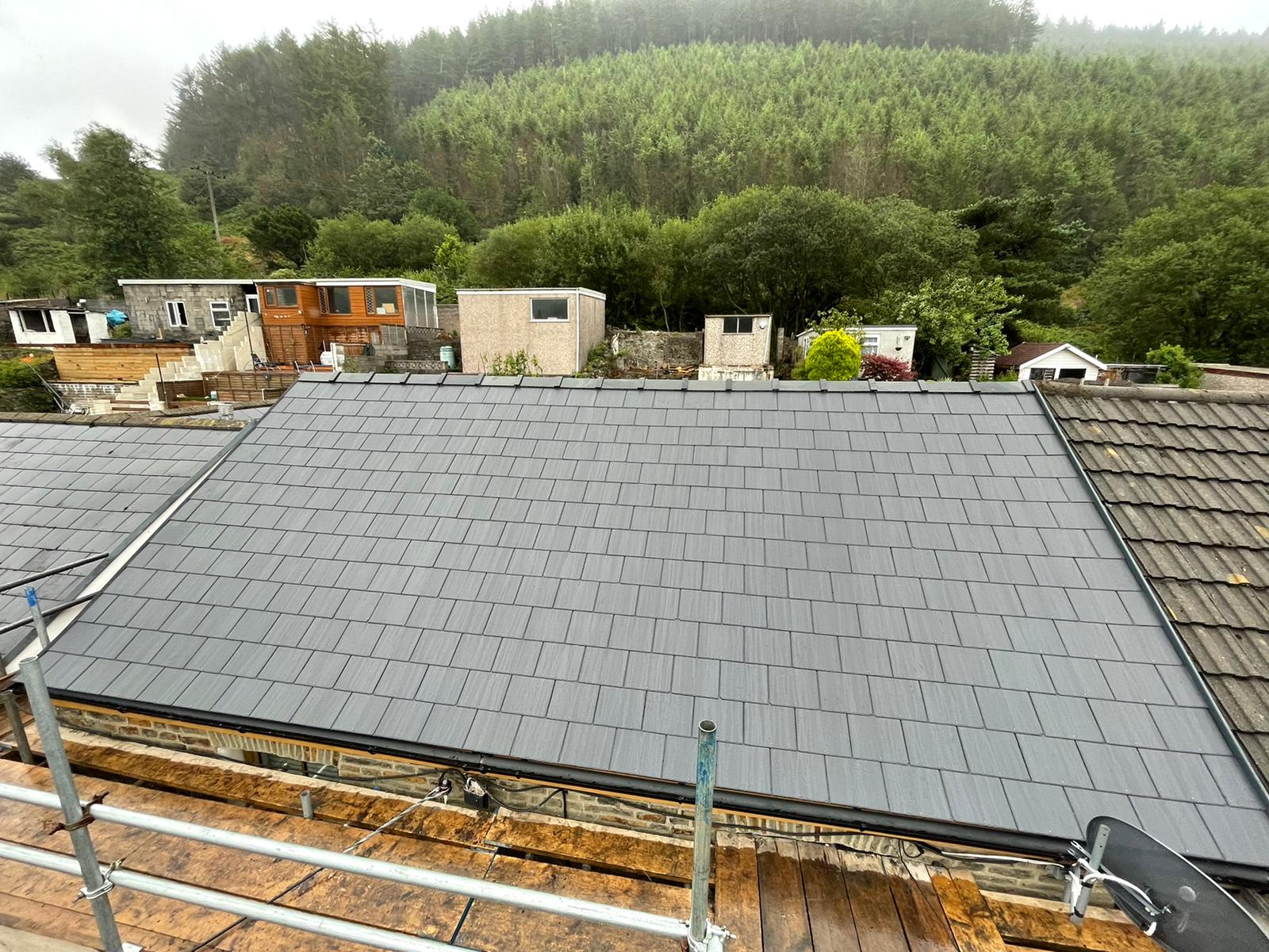 A completed slate roof, freshly installed